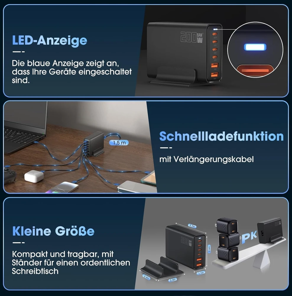 Sefitopher GaN III USB-C 6 prievadų įkroviklis, 200 W, PD, Quick Charge stotelė