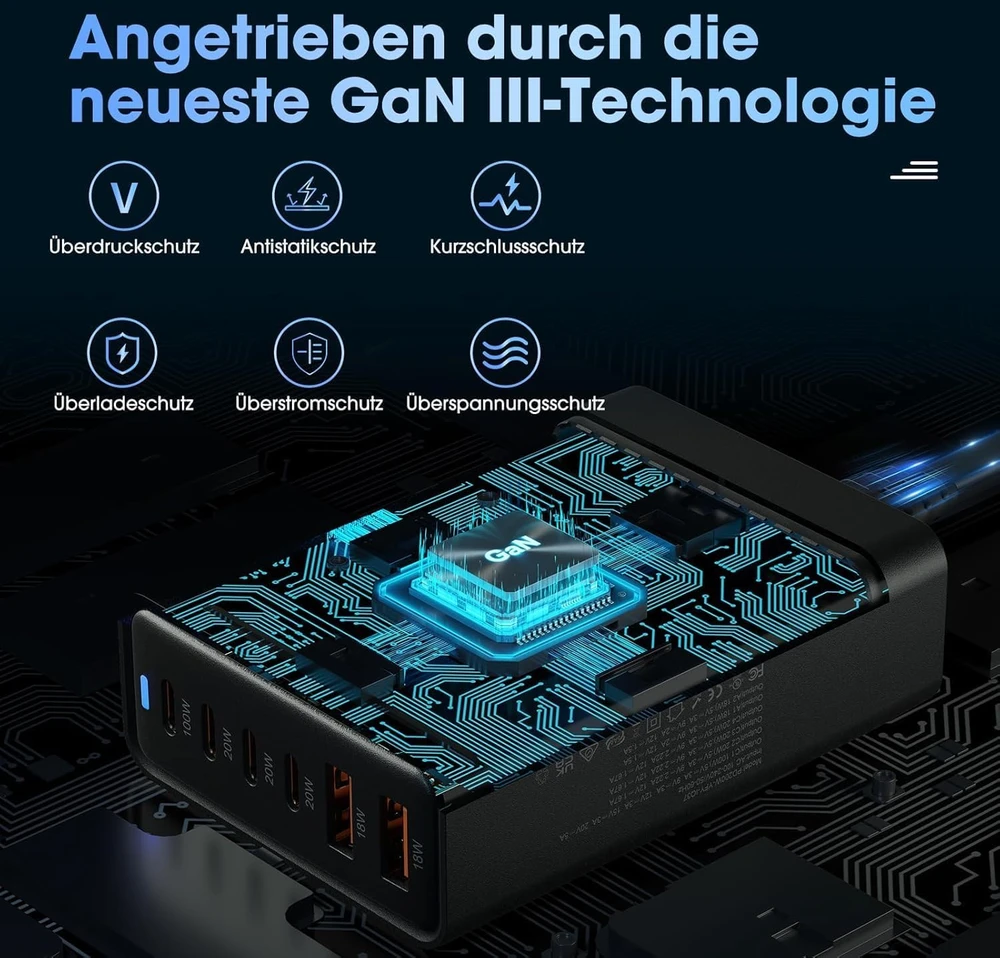 Sefitopher GaN III USB-C 6 prievadų įkroviklis, 200 W, PD, Quick Charge stotelė