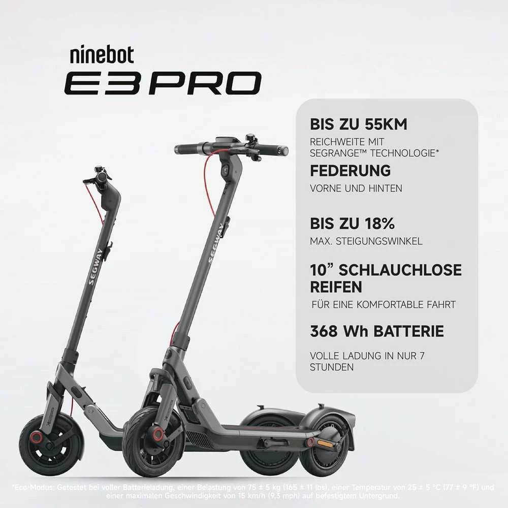 Segway-Ninebot elektrinis paspirtukas, 55 km nuotolis, 10 colių ratai, dviguba pakaba, E3 Pro D