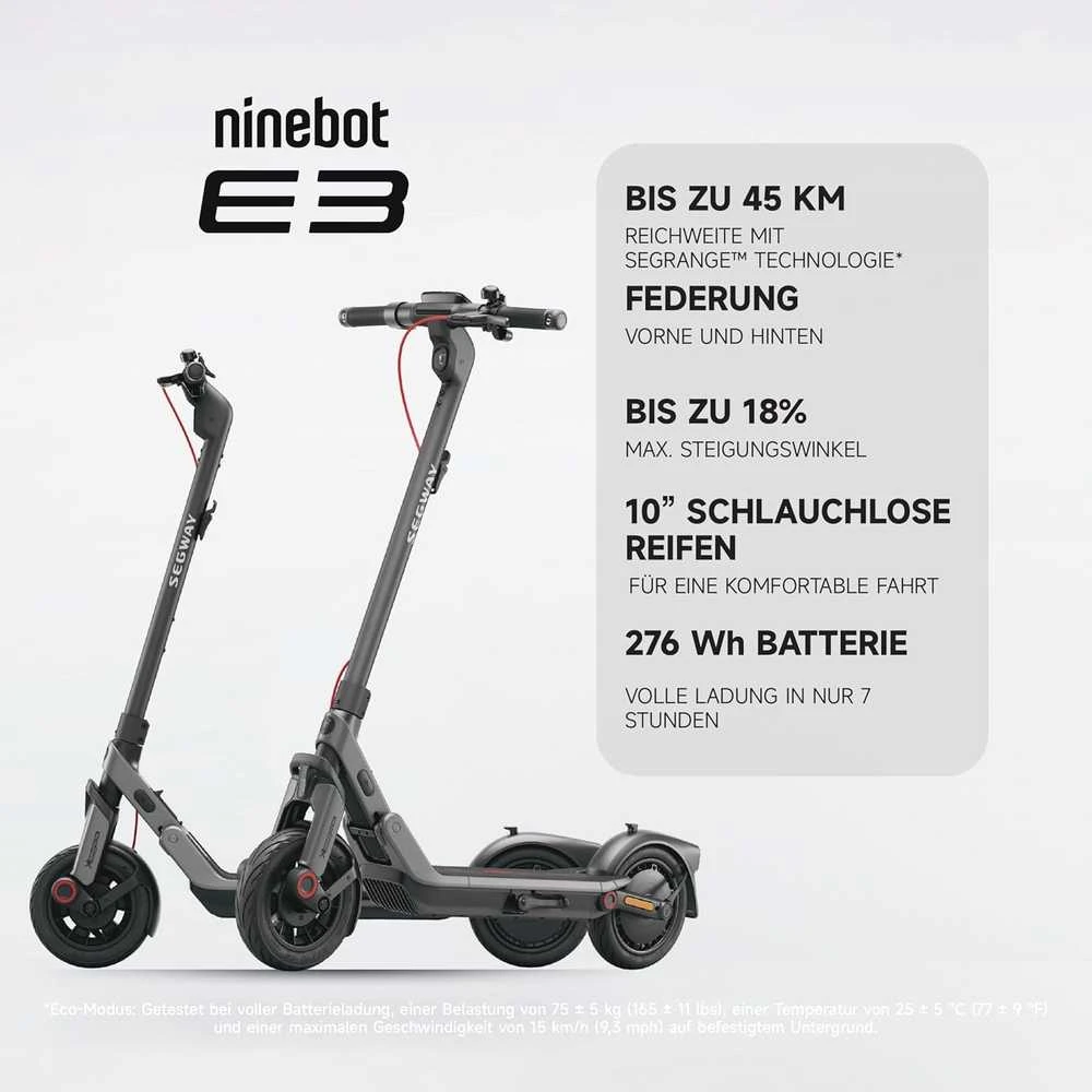 Segway-Ninebot elektrinis paspirtukas, 55 km nuotolis, 10 colių ratai, dviguba pakaba, E3 Pro D