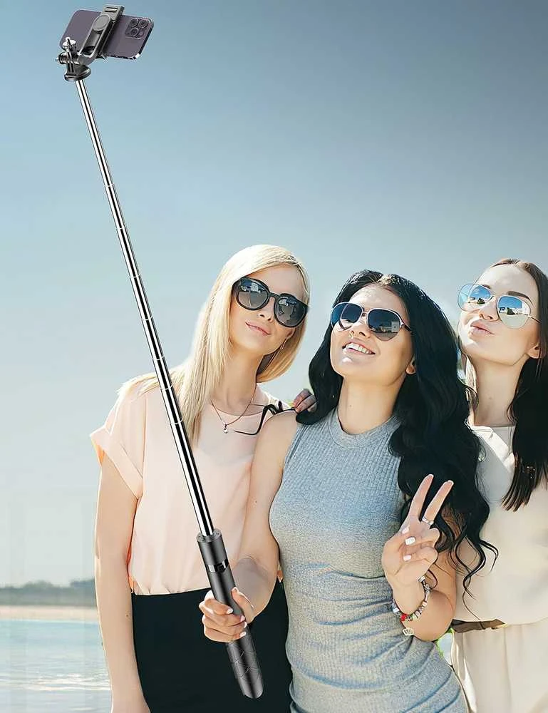 SelfieShow 180 cm trikojo tipo asmenukių lazda su nuotolinio valdymo pulteliu, juoda