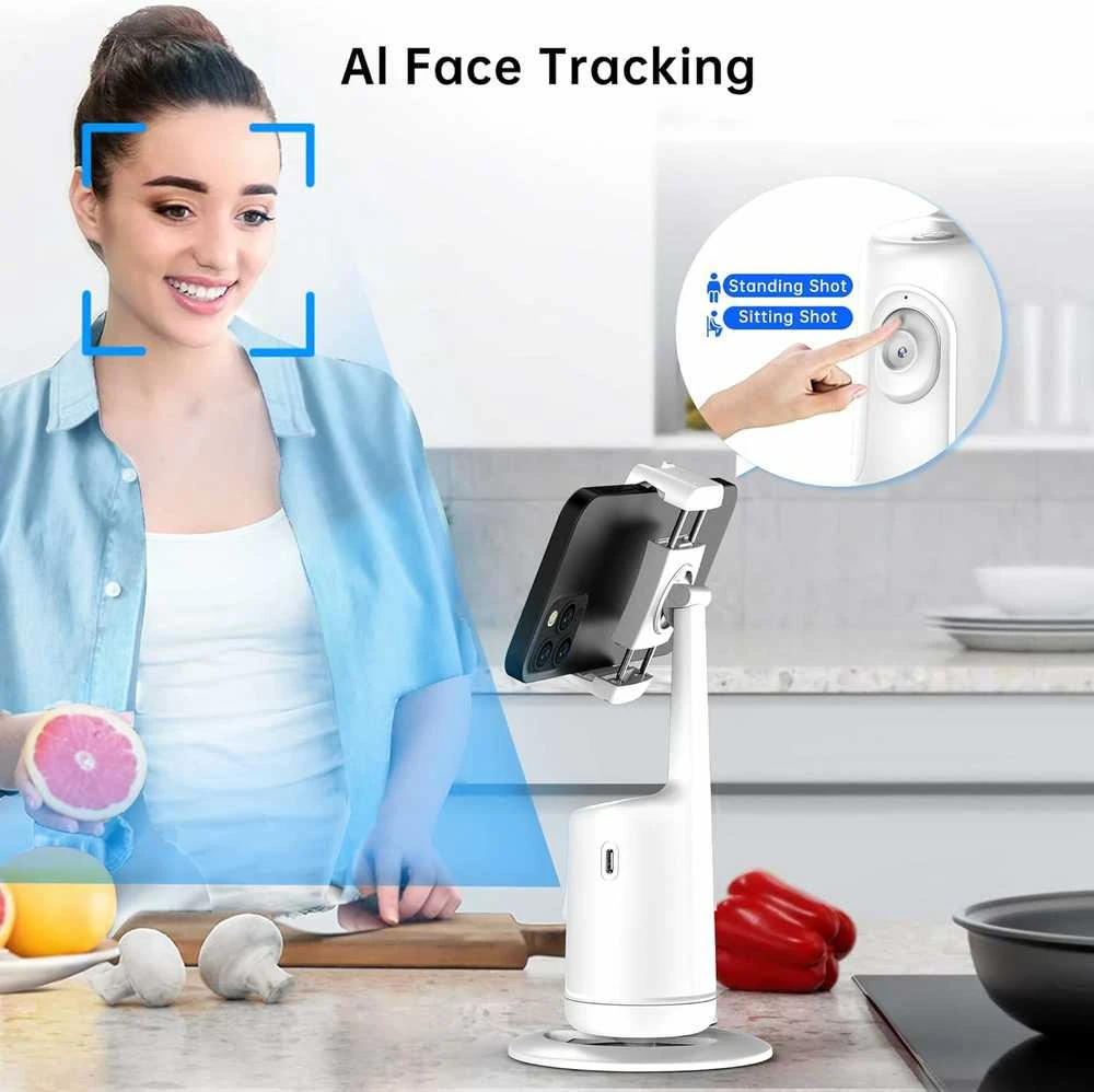 SelfieShow 360° automatinio veido sekimo telefono laikiklis su stabilizatoriumi, baltas