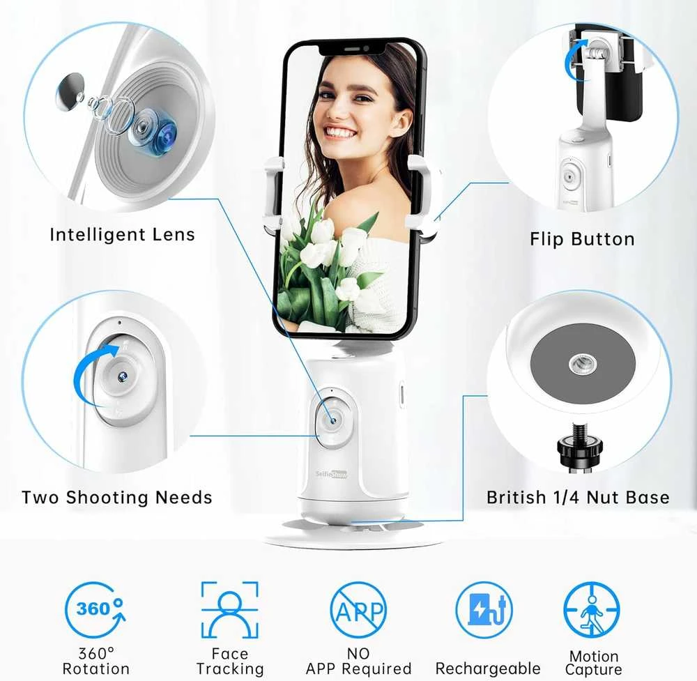 SelfieShow 360° automatinio veido sekimo telefono laikiklis su stabilizatoriumi, baltas
