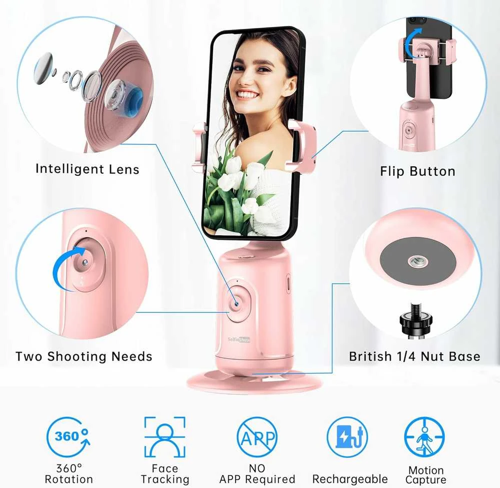 SelfieShow 360° automatinio veido sekimo stovas su gimbalu, rožinis, skirtas išmaniesiems telefonams