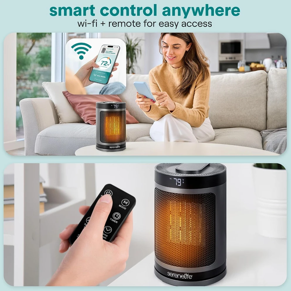 SereneLife elektrinis keraminis PTC šildytuvas 1500 W su Wi‑Fi ir termostatu SLSPCHTRW3GY