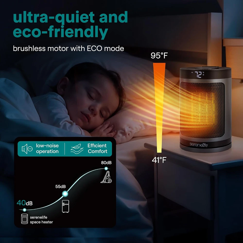 SereneLife elektrinis keraminis PTC šildytuvas 1500 W su Wi‑Fi ir termostatu SLSPCHTRW3GY