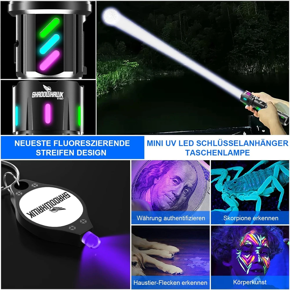 Shadowhawk LED žibintuvėlis, USB įkraunamas, 500000 lm, taktinė IP67, XHM90.2, DE-S1007