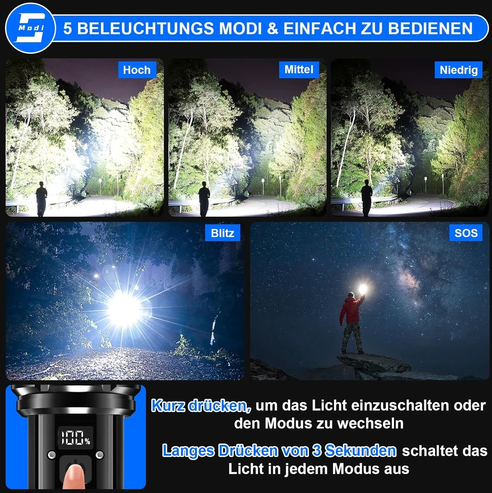 Shadowhawk LED žibintuvėlis, USB įkraunamas, 500000 lm, taktinė IP67, XHM90.2, DE-S1007