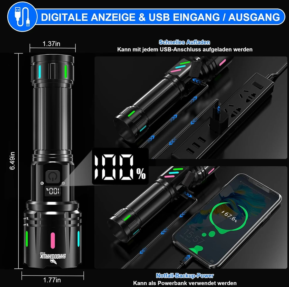 Shadowhawk LED žibintuvėlis, USB įkraunamas, 500000 lm, taktinė IP67, XHM90.2, DE-S1007