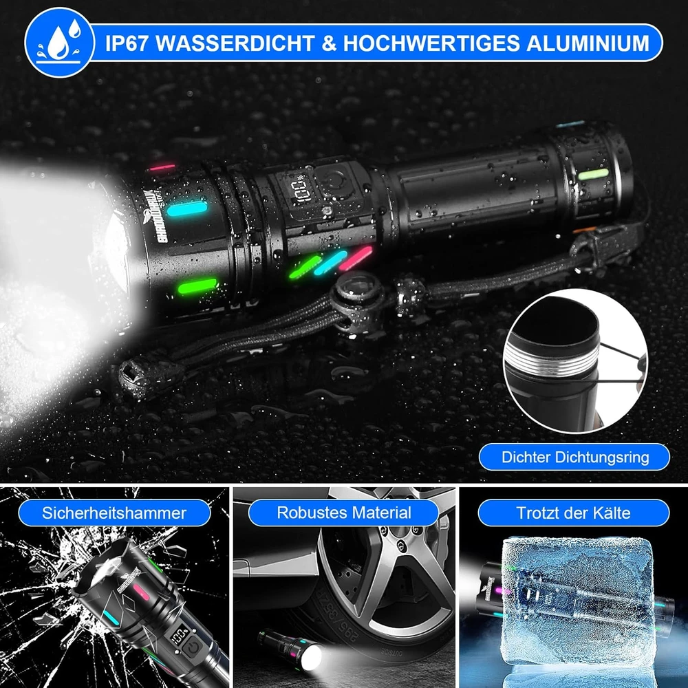 Shadowhawk LED žibintuvėlis, USB įkraunamas, 500000 lm, taktinė IP67, XHM90.2, DE-S1007
