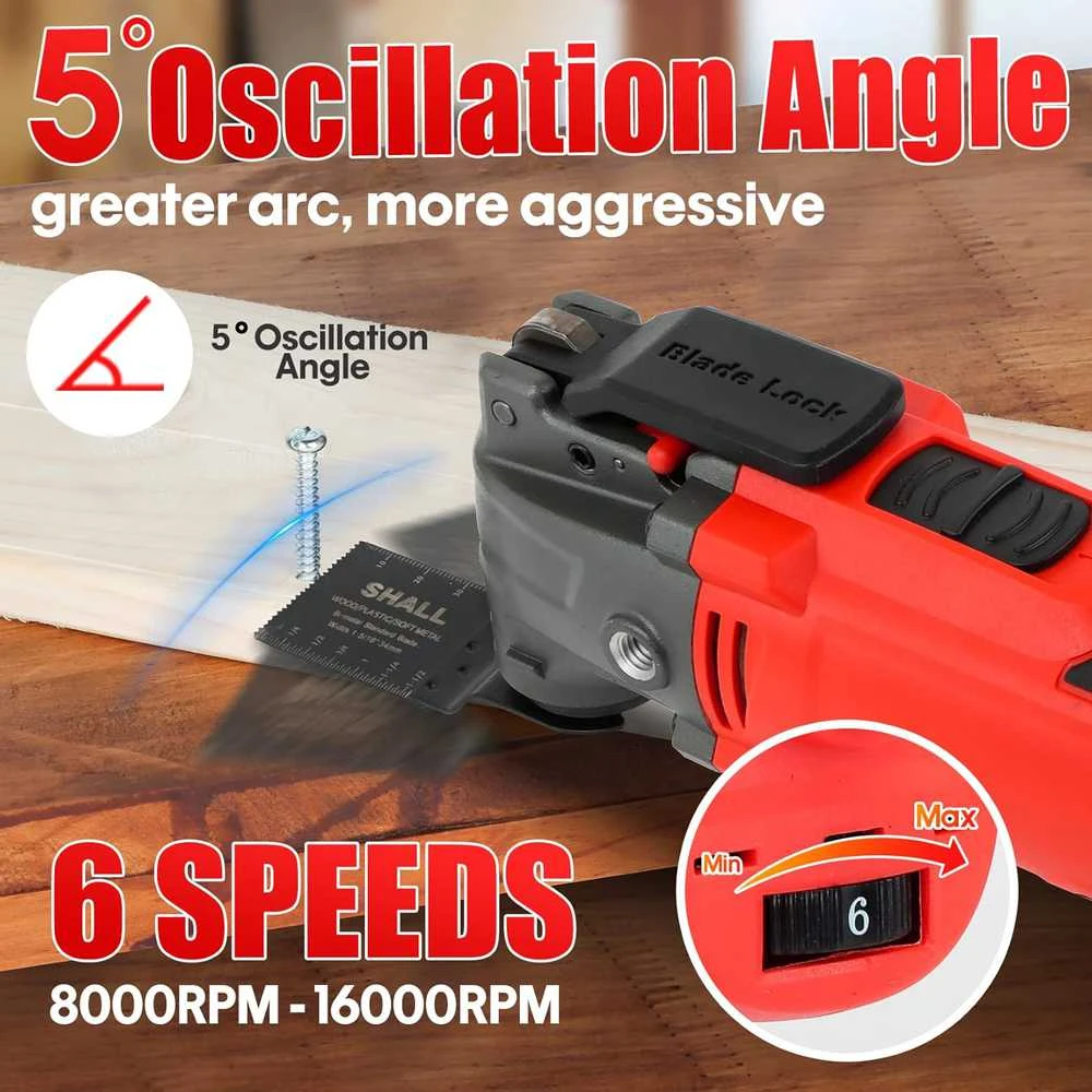 Shall daugiafunkcis osciliacinis įrankis 500 W, 5° svyravimo kampas, 6 greičiai, rinkinys su priedais 111006