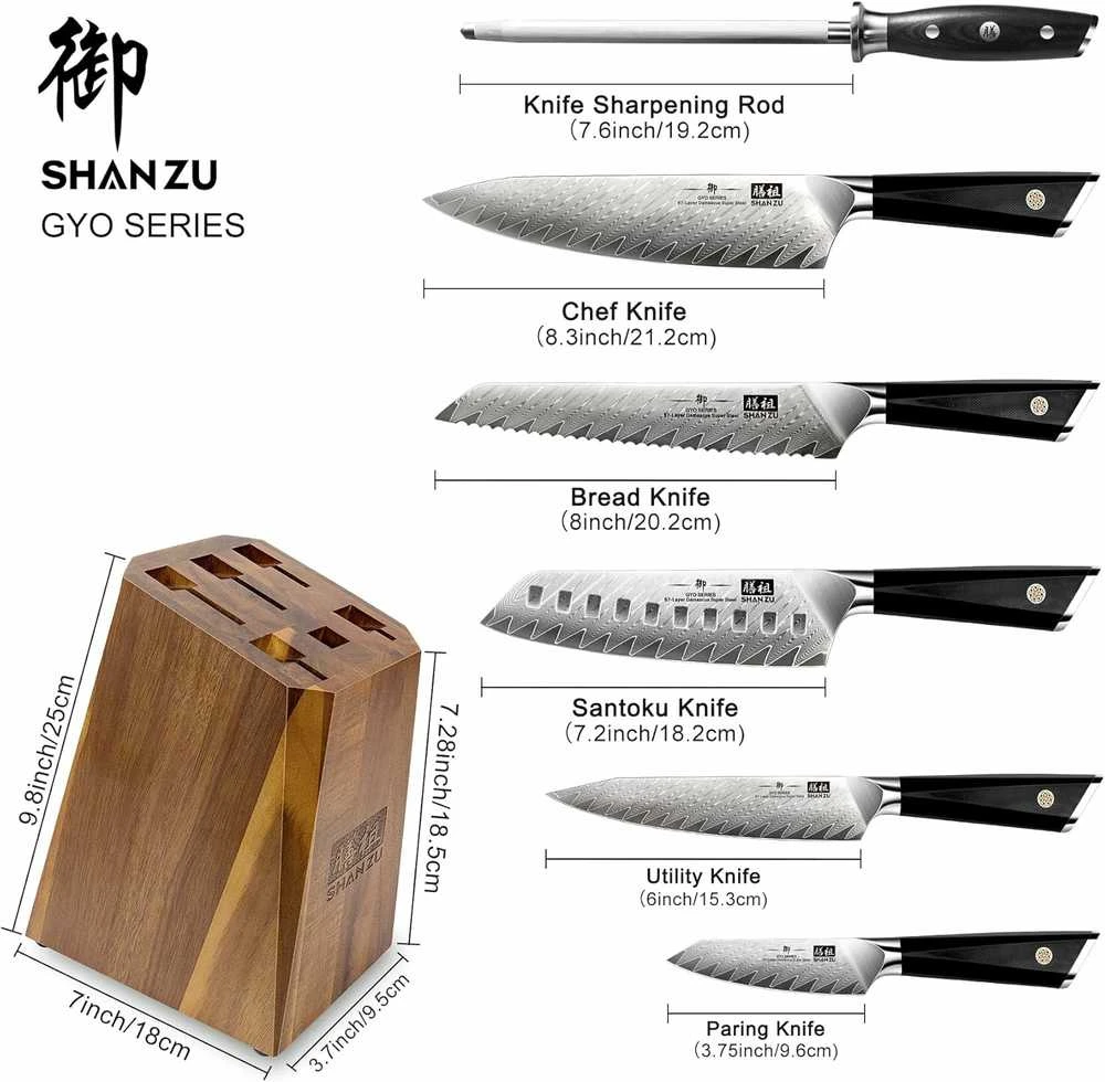 SHAN ZU GYO Damasko peilių rinkinys su laikikliu