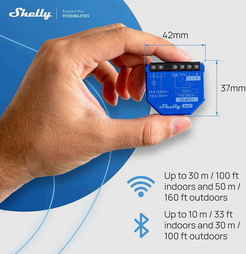 Shelly išmanusis relinis jungiklis Wi-Fi ir Bluetooth, 1 kanalo, 16 A, 3840 W, 176