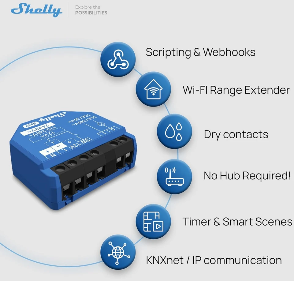 Shelly išmanusis relinis jungiklis Wi-Fi ir Bluetooth, 1 kanalo, 16 A, 3840 W, 176