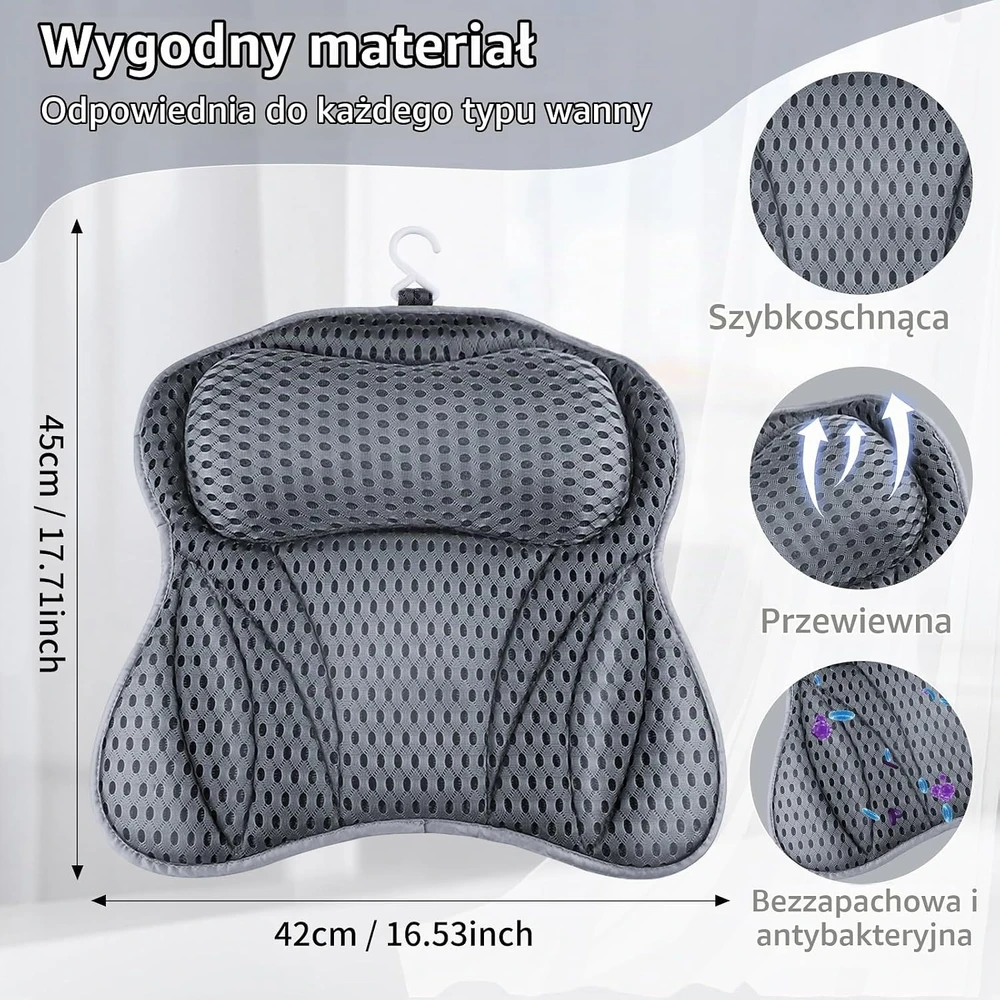 Shodiffy vonios pagalvė kaklui iš 4D tinklelio su 6 siurbtukais ENT-YGZGrey