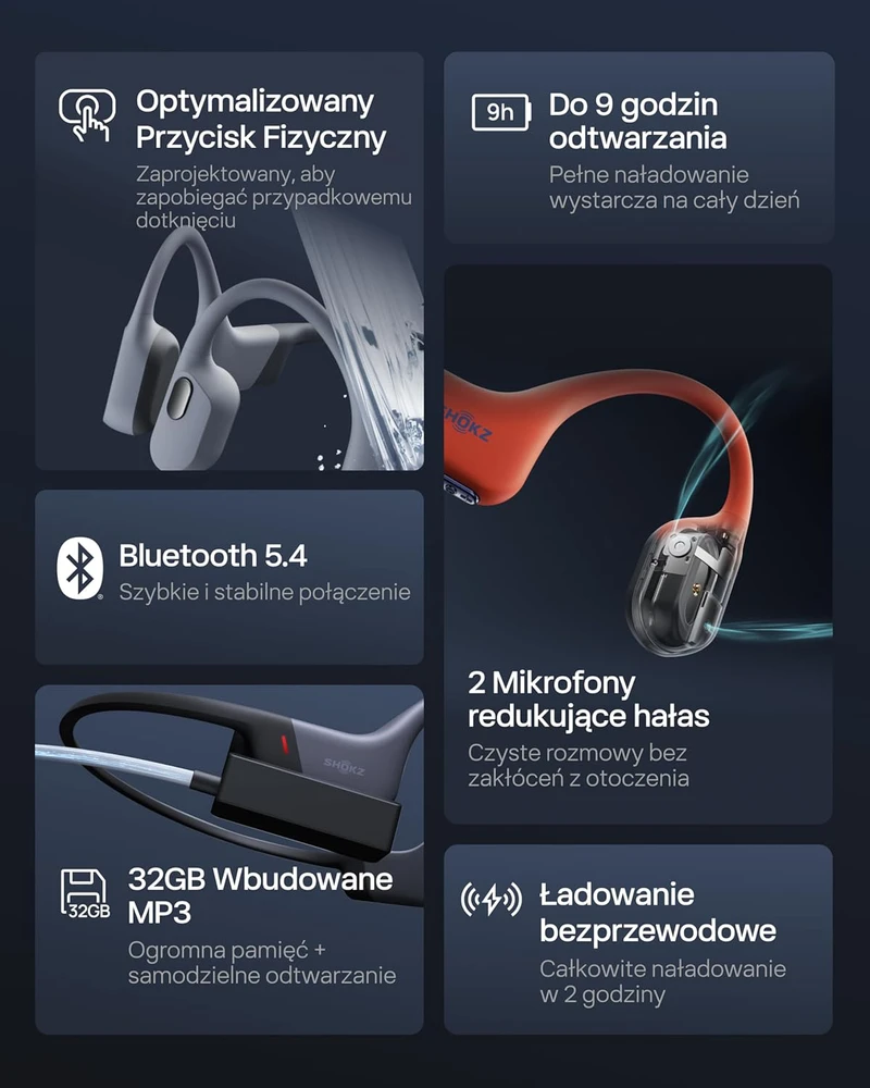 SHOKZ atviros ausies ausinės su kauliniu perdavimu, Bluetooth 5.4, IP68, 32 GB MP3