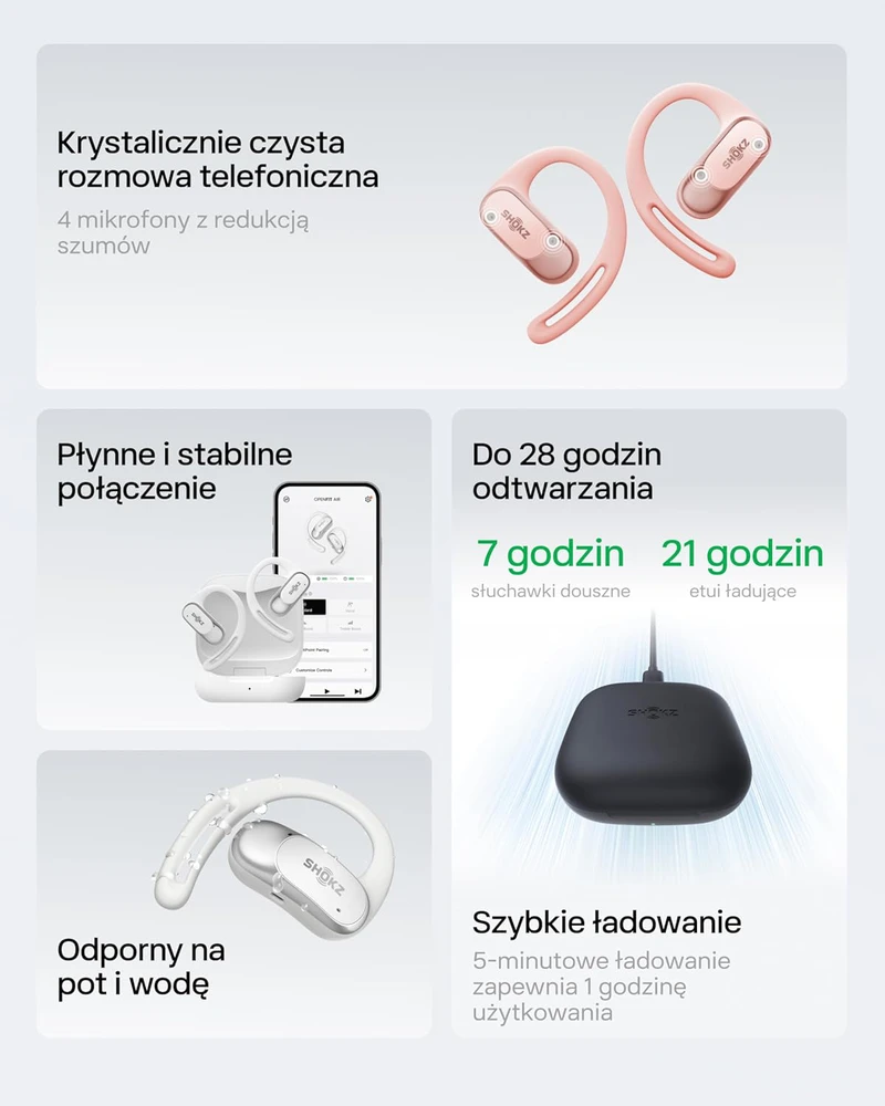 SHOKZ atviros ausies belaidės Bluetooth ausinės su mikrofonu, IP54, 28h veikimo laikas, T511