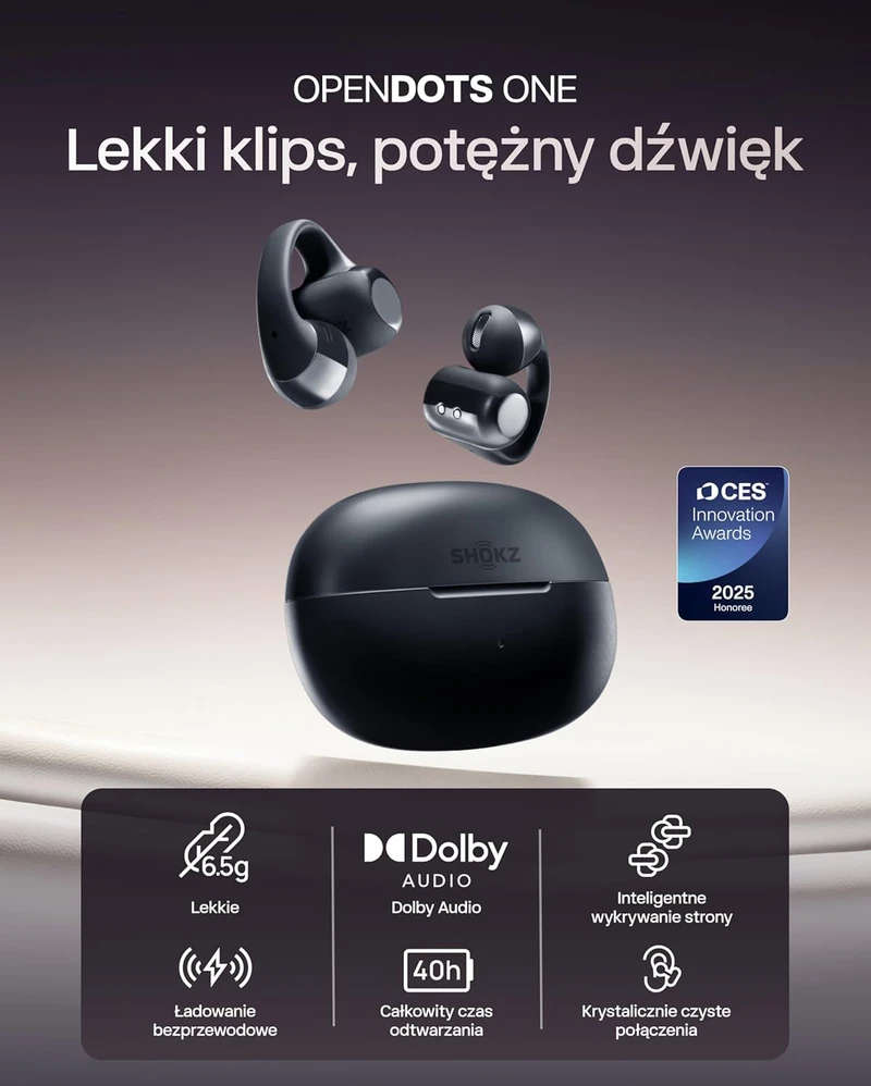 SHOKZ atviros ausinės Bluetooth 5.4, Dolby Audio, greitas įkrovimas, 40 valandų veikimas, OpenDots ONE