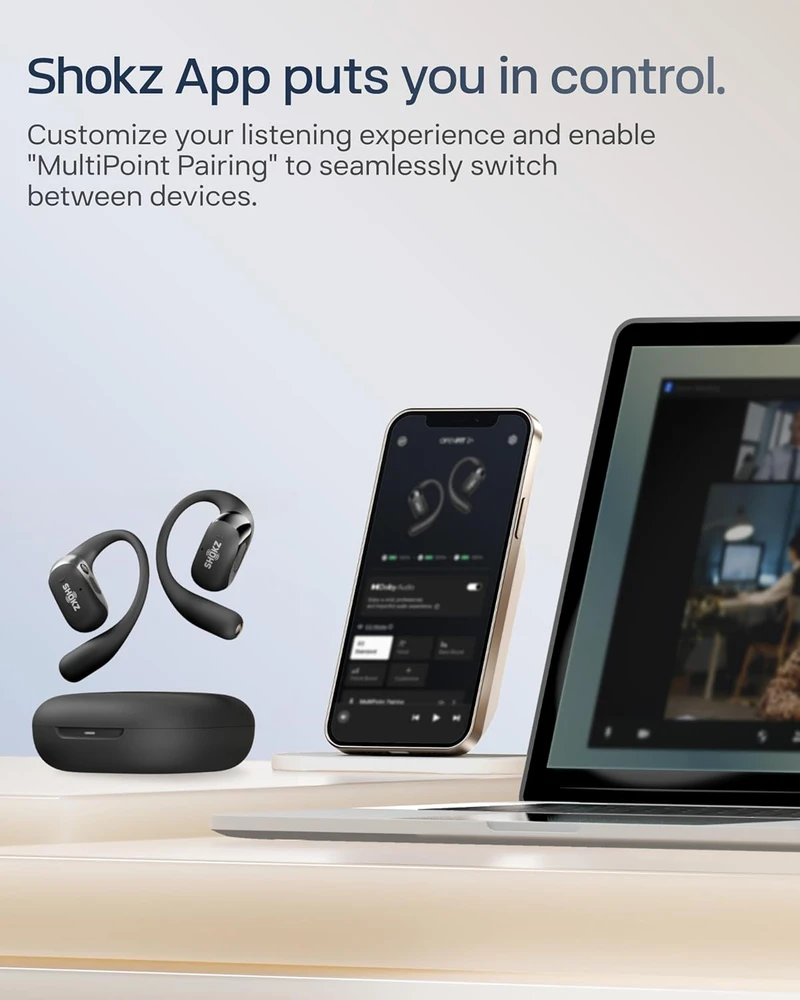 Shokz atviros ausinės OpenFit 2+ su Dolby Audio, Bluetooth 5.4, mikrofonu, juodos
