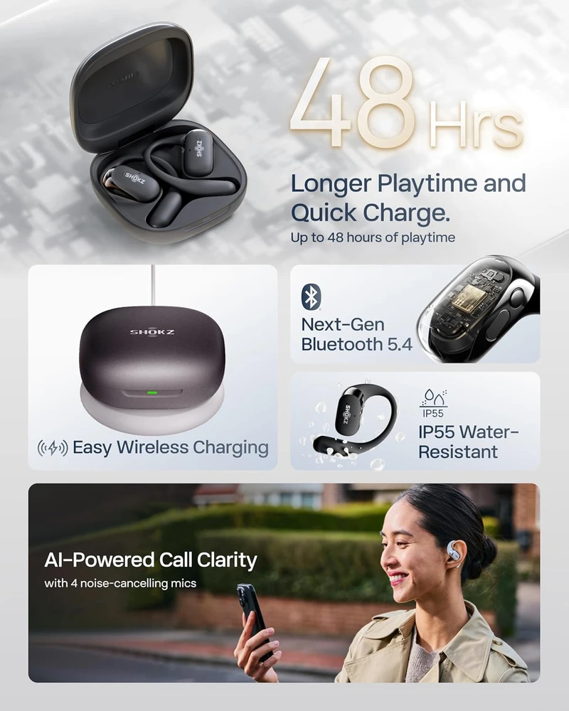 Shokz atviros ausinės OpenFit 2+ su Dolby Audio, Bluetooth 5.4, mikrofonu, juodos