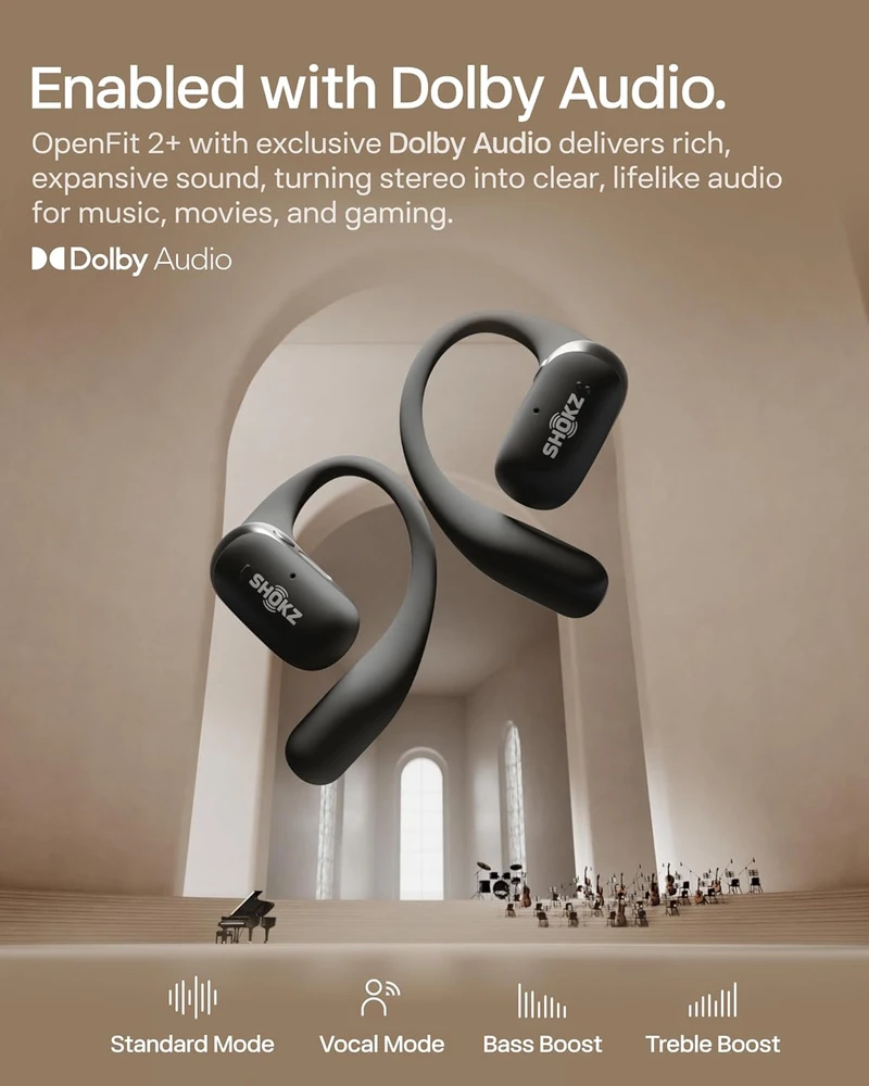 Shokz atviros ausinės OpenFit 2+ su Dolby Audio, Bluetooth 5.4, mikrofonu, juodos