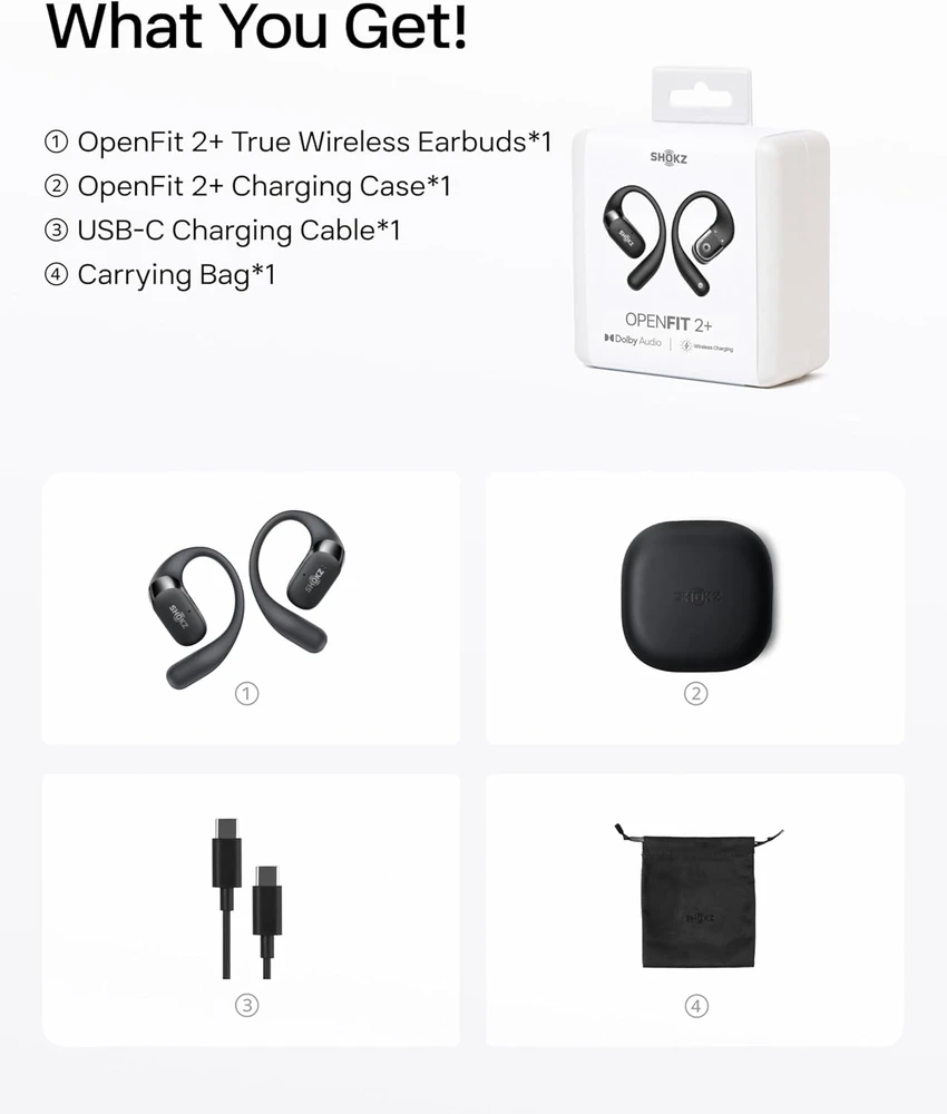 Shokz atviros ausinės OpenFit 2+ su Dolby Audio, Bluetooth 5.4, mikrofonu, juodos