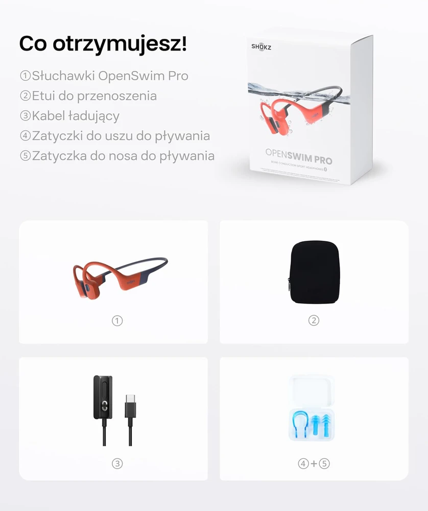 SHOKZ atviros ausinės su kaulų vibracija, Bluetooth 5.4, IP68, MP3 32GB, OpenSwim Pro S711, raudonos