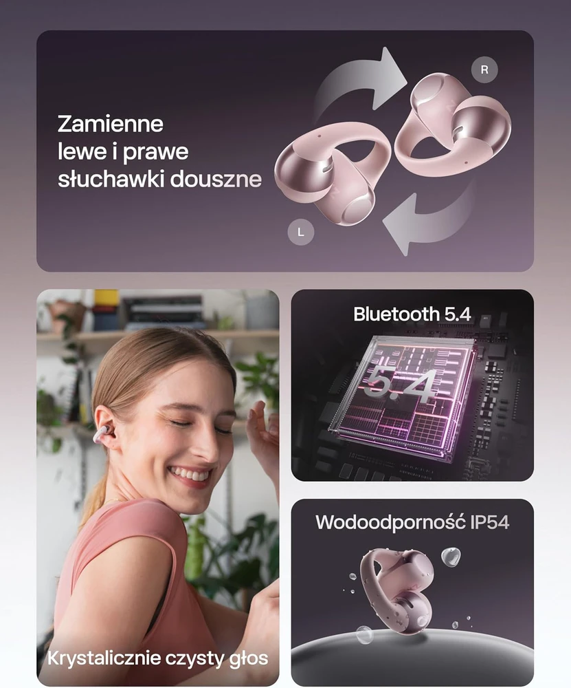 Shokz atviros belaidės ausinės su Bluetooth 5.4, Dolby Audio, IP54, SHOKZ E310, rožinės