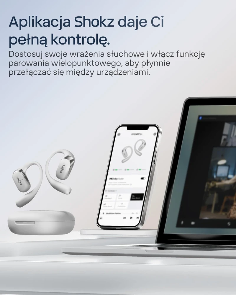 Shokz OpenFit 2+ ausinės su kaulų laidumo technologija ir „Dolby Audio“, pilkos