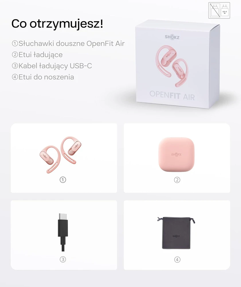 SHOKZ belaidės atviros ausų ausinės su mikrofonu, Bluetooth 5.2, IP54, OpenFit Air, rožinės