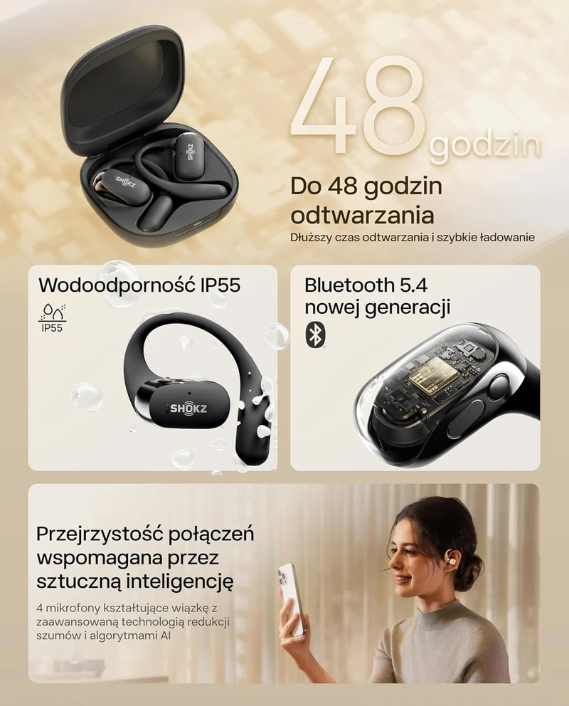 SHOKZ OpenFit 2 belaidės atviros ausies ausinės su mikrofonu, Bluetooth 5.0, IP55, juodos