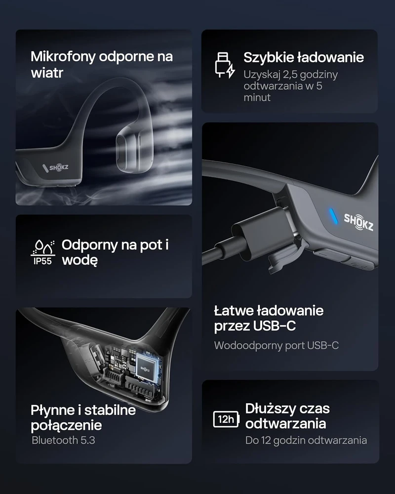 SHOKZ sportinės ausinės OpenRun Pro 2, kaulų laidumo, Bluetooth 5.3, mikrofonas, IP55, 12h veikimo, juodos