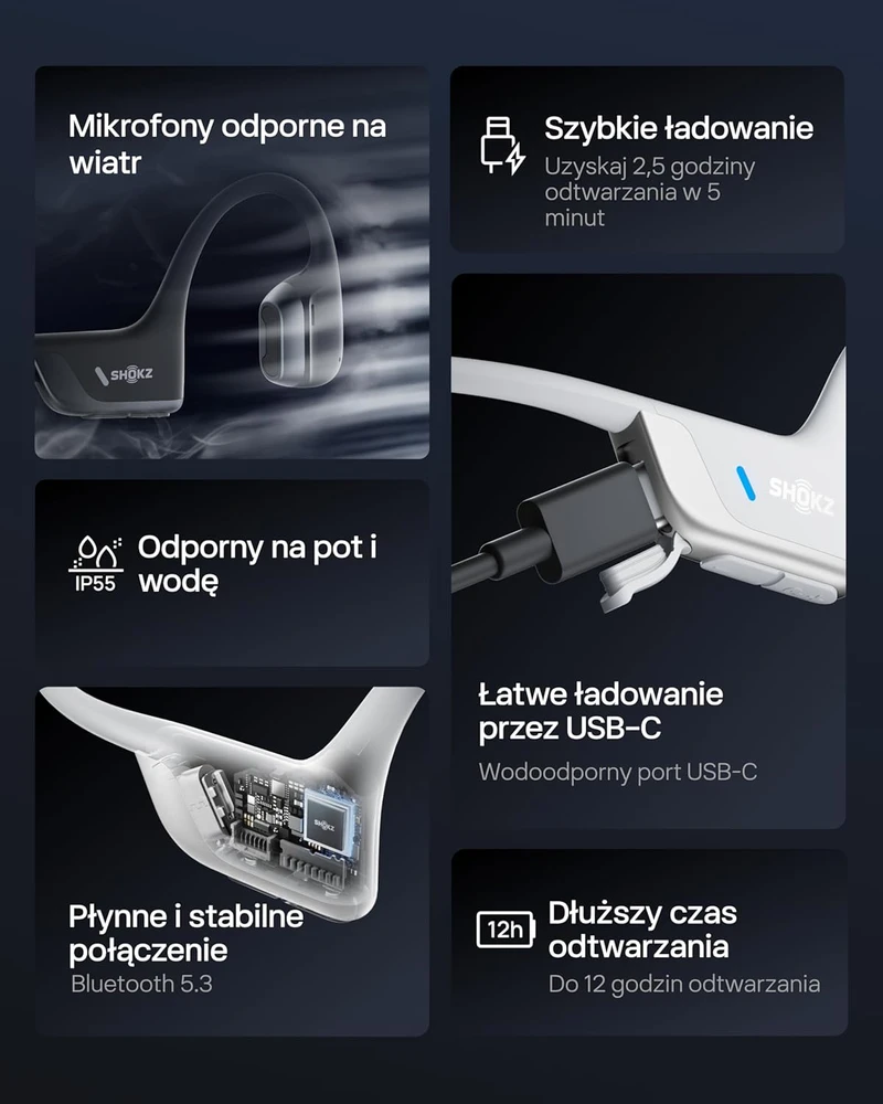 Aftershokz Shokz sportinės ausinės OpenRun Pro 2 su kaulų laidumo technologija, Bluetooth 5.3, mikrofonu ir IP55