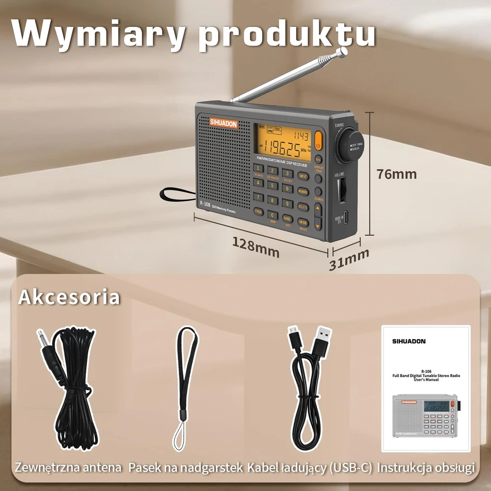 SIHUADON nešiojamas radijas FM MW SW, laikrodis, LCD ekranas, pilkas, R108-G