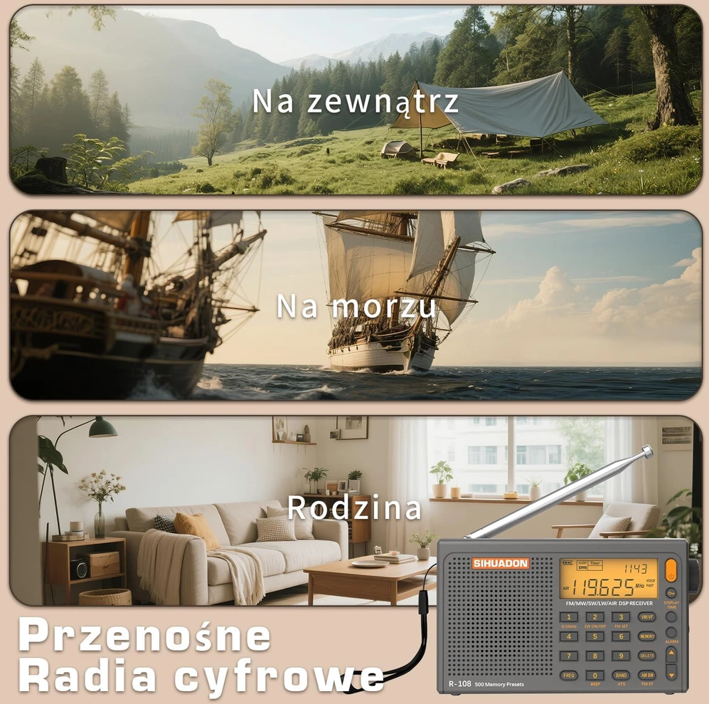 SIHUADON nešiojamas radijas FM MW SW, laikrodis, LCD ekranas, pilkas, R108-G