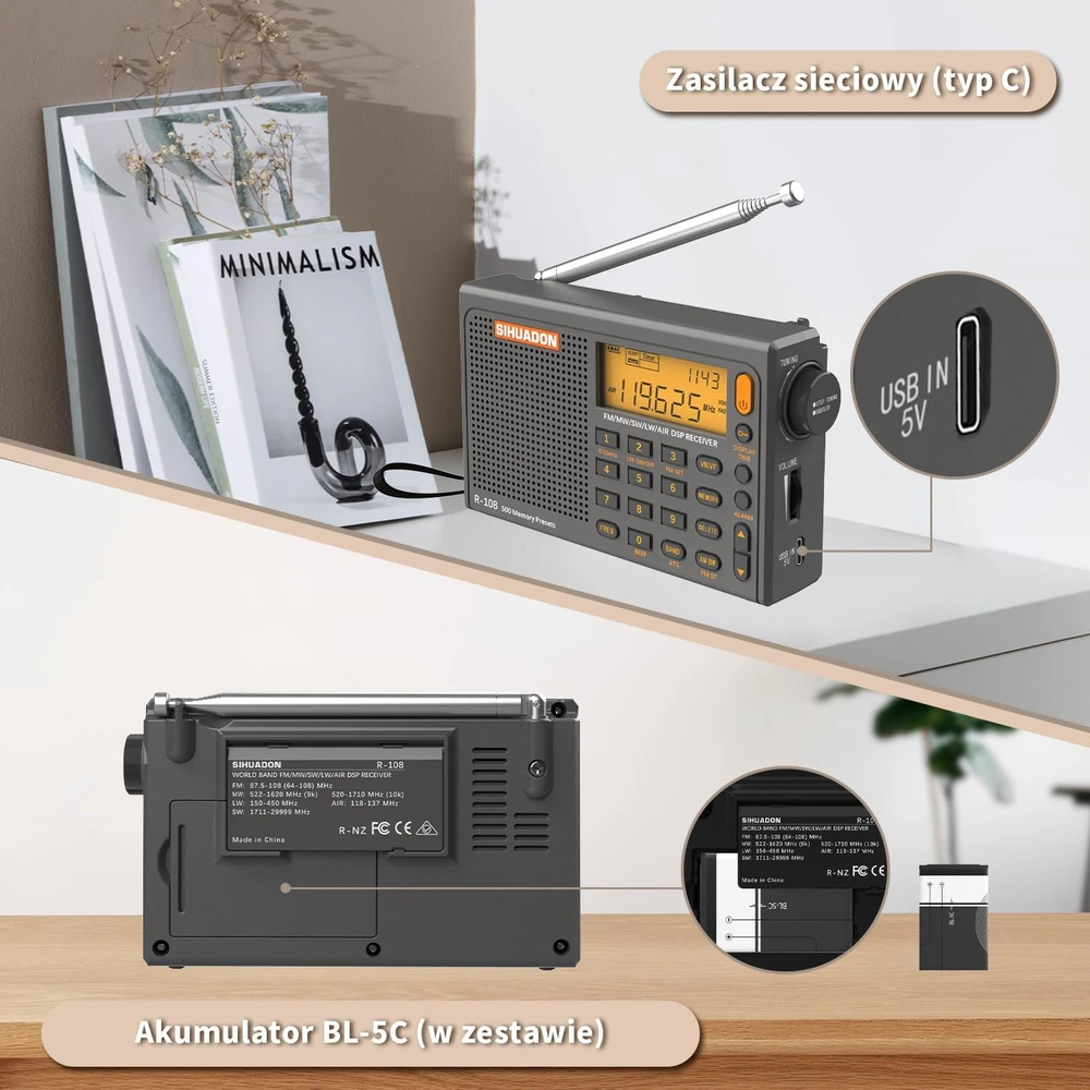 SIHUADON nešiojamas radijas FM MW SW, laikrodis, LCD ekranas, pilkas, R108-G