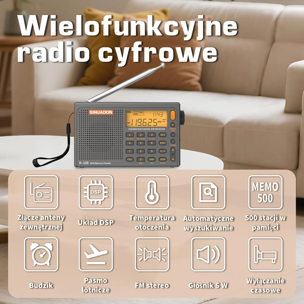 SIHUADON nešiojamas radijas FM MW SW, laikrodis, LCD ekranas, pilkas, R108-G