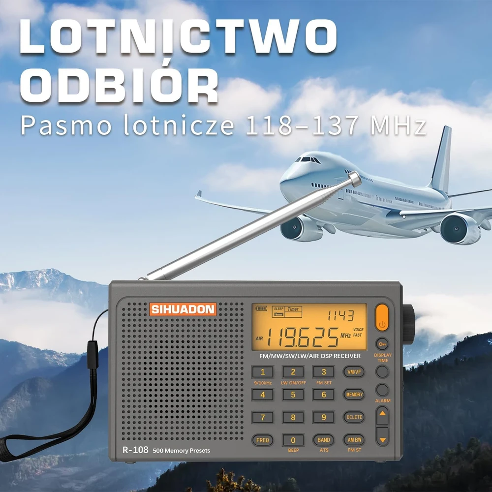 SIHUADON nešiojamas radijas FM MW SW, laikrodis, LCD ekranas, pilkas, R108-G