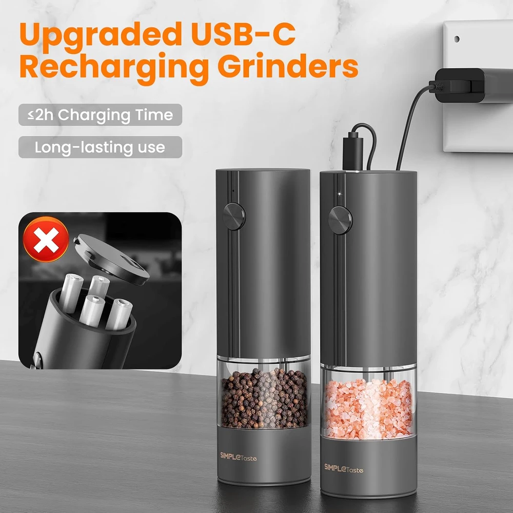SIMPLETASTE elektriniai druskos ir pipirų malūnėliai su USB-C įkrovimu, 2 vnt., 1-CF10EU05