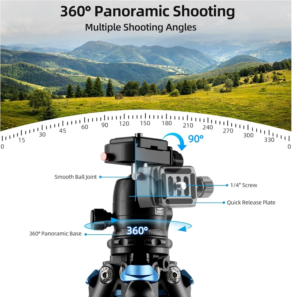 Sirui kelioninis trikojis iš anglies pluošto, 5 sekcijų kojos, maksimali apkrova 6kg, su 360° galvute AM-225+B-00K