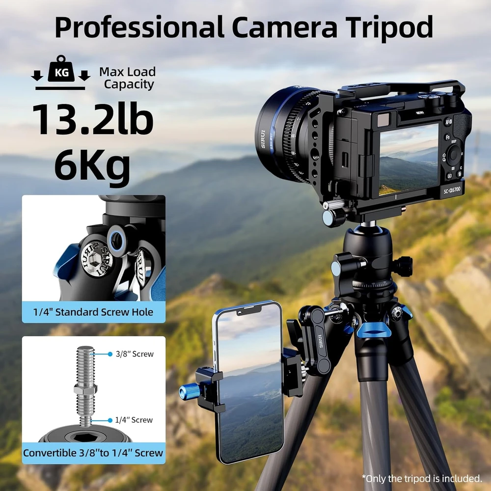 Sirui kelioninis trikojis iš anglies pluošto, 5 sekcijų kojos, maksimali apkrova 6kg, su 360° galvute AM-225+B-00K