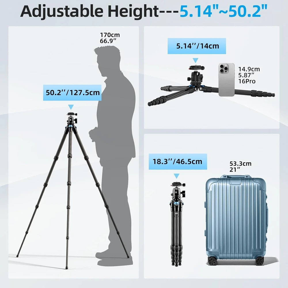 Sirui kelioninis trikojis iš anglies pluošto, 5 sekcijų kojos, maksimali apkrova 6kg, su 360° galvute AM-225+B-00K