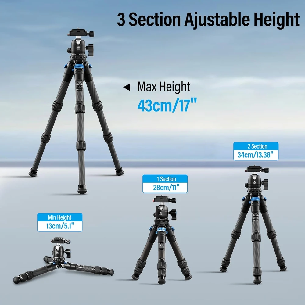 Sirui mini trikojis iš anglies pluošto, 35 cm aukščio, su 360° galvute B-00K, maksimalus apkrovimas 15 kg, AM-223+B-00K