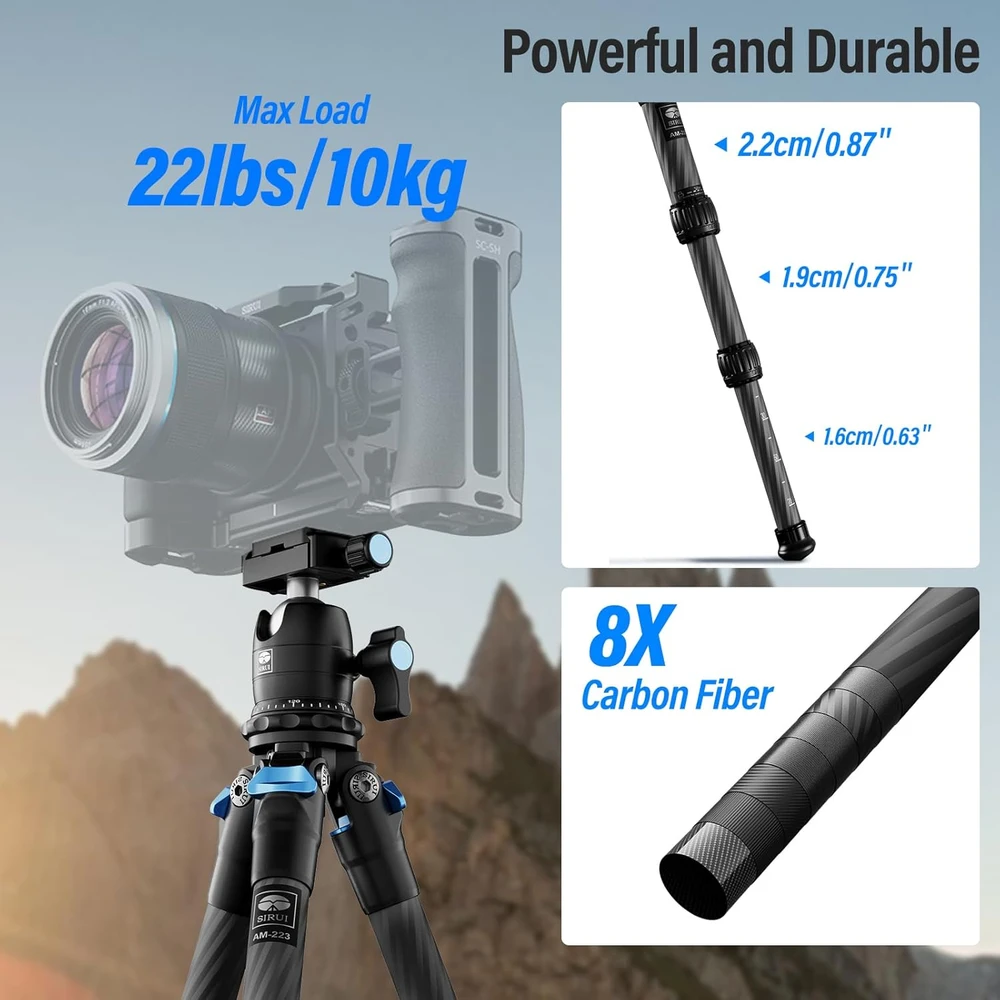 Sirui mini trikojis iš anglies pluošto, 35 cm aukščio, su 360° galvute B-00K, maksimalus apkrovimas 15 kg, AM-223+B-00K