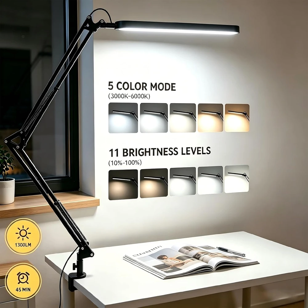 SKYLEO LED stalinė lempa 12 W su spaustuku, reguliuojama svirtimi ir USB maitinimu A018