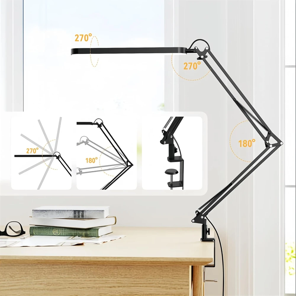 SKYLEO LED stalinė lempa 12 W su spaustuku, reguliuojama svirtimi ir USB maitinimu A018