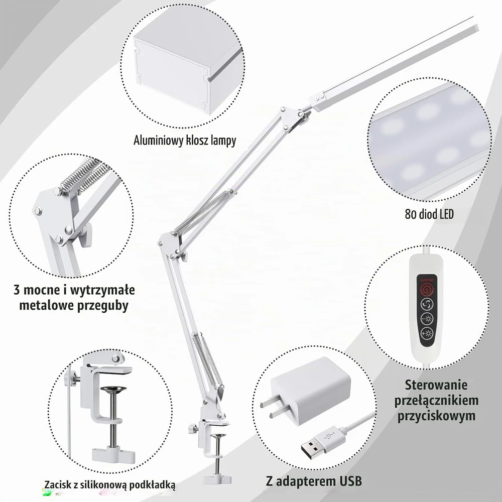 SKYLEO LED stalinė lempa su pagrindu ir spaustuku, 3 režimai, 10 ryškumo lygių, Blanc Base et Clip