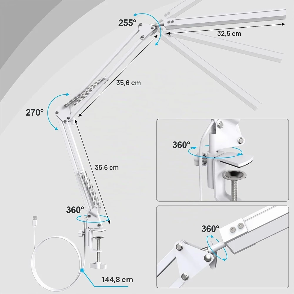 SKYLEO LED stalinė lempa su pagrindu ir spaustuku, 3 režimai, 10 ryškumo lygių, Blanc Base et Clip