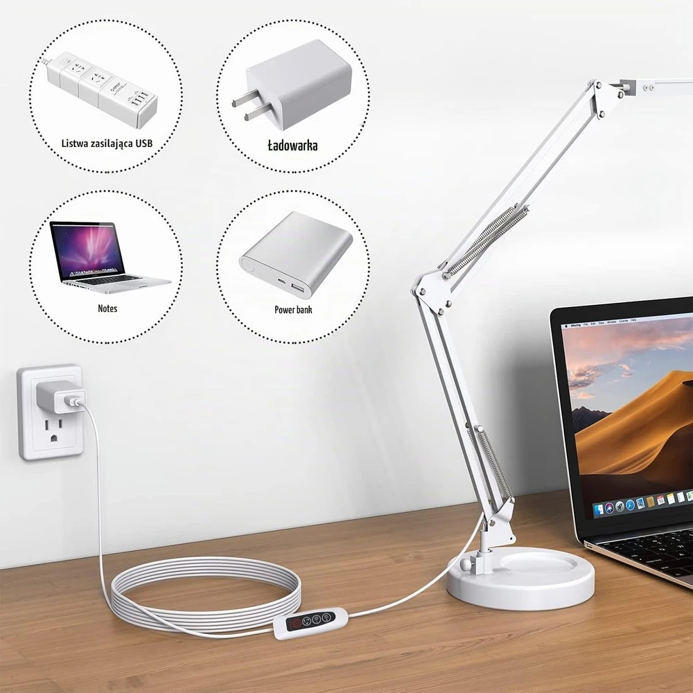 SKYLEO LED stalinė lempa su pagrindu ir spaustuku, 3 režimai, 10 ryškumo lygių, Blanc Base et Clip
