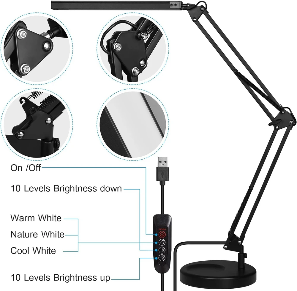 SKYLEO LED stalinė lempa su pagrindu ir spaustuku, 3 režimai, Noir Base et Clip